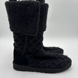 UGG Lattice Cardy Tall Boots Cable Knit Black Womens US Size 8 Fold Top Winter